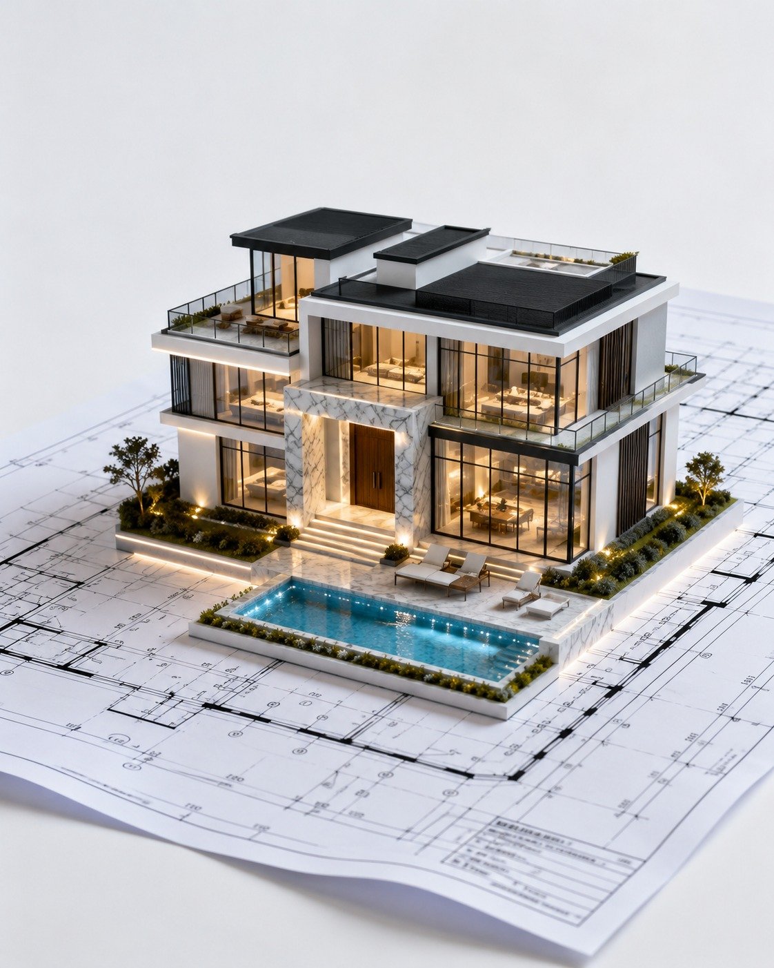 Modern home design floating above detailed architectural blueprints